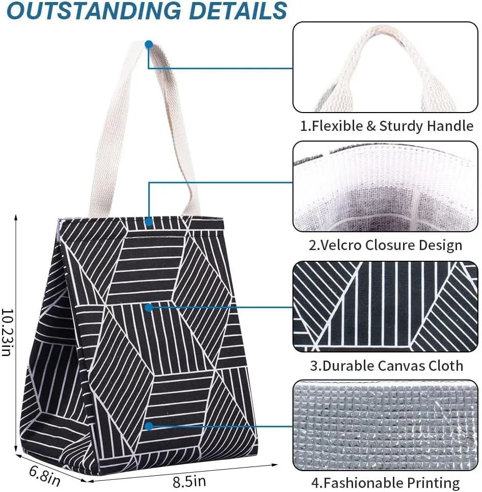iknoe Insulated Lunch Bag for Women, 9L Sturdy Wide-Open Foldable & Portable Lunch Tote with Interior Pockets, Water-Resistant Thermal Lunch Cooler for Adults Picnic Beach (Black Rhombus)