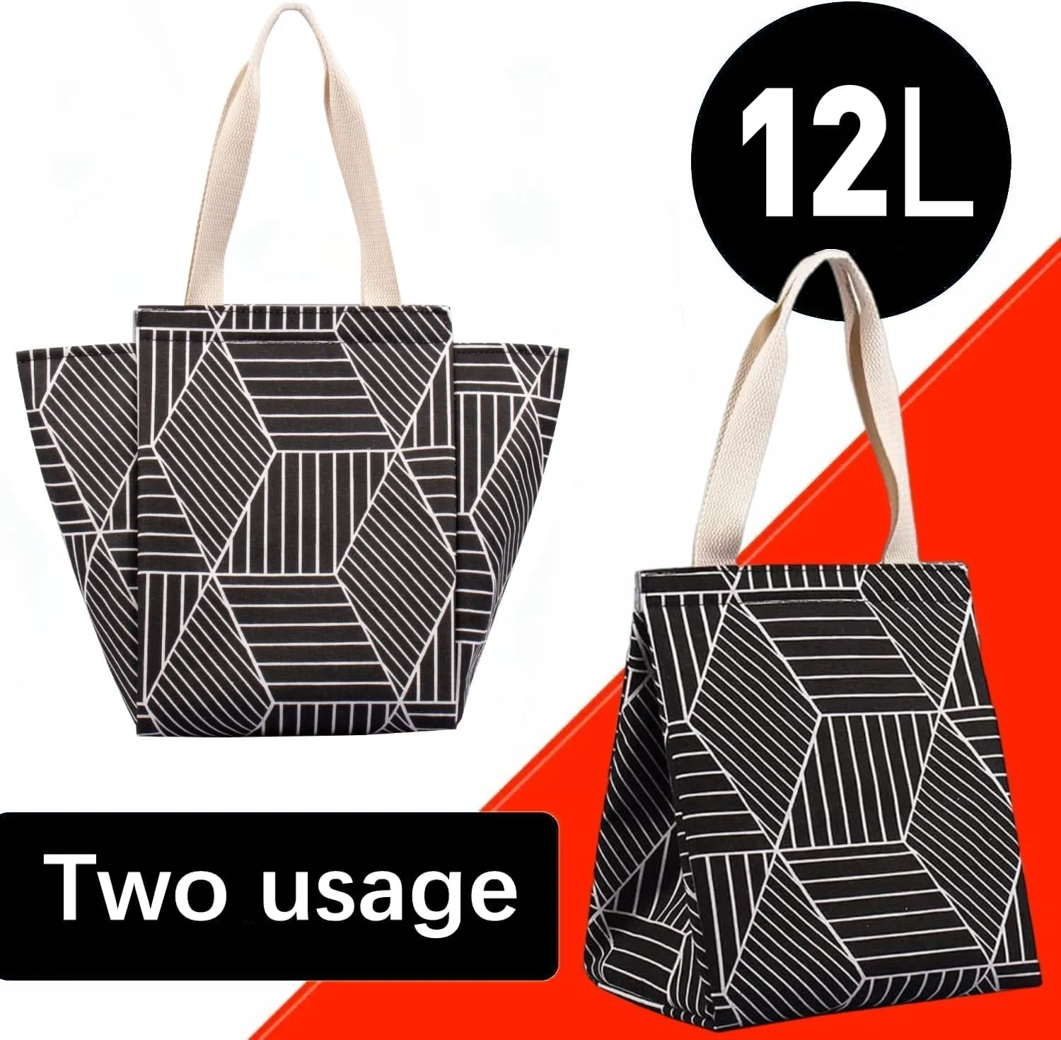 iknoe Insulated Lunch Bag for Women, 9L Sturdy Wide-Open Foldable & Portable Lunch Tote with Interior Pockets, Water-Resistant Thermal Lunch Cooler for Adults Picnic Beach (Black Rhombus)