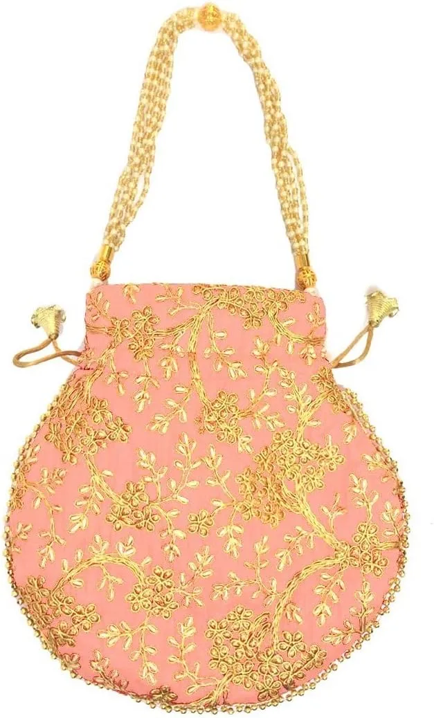 Indian Ethnic Designer Embroidered Silk Potli Bag Batwa Pearls Handle Purse Clutch Purse for Women