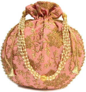 Indian Ethnic Designer Embroidered Silk Potli Bag Batwa Pearls Handle Purse Clutch Purse for Women