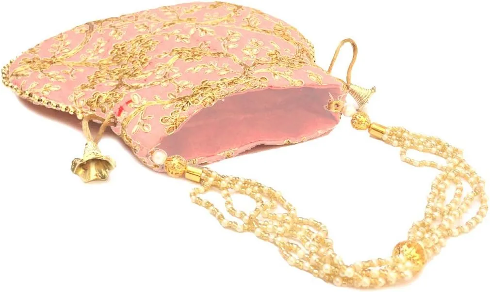 Indian Ethnic Designer Embroidered Silk Potli Bag Batwa Pearls Handle Purse Clutch Purse for Women