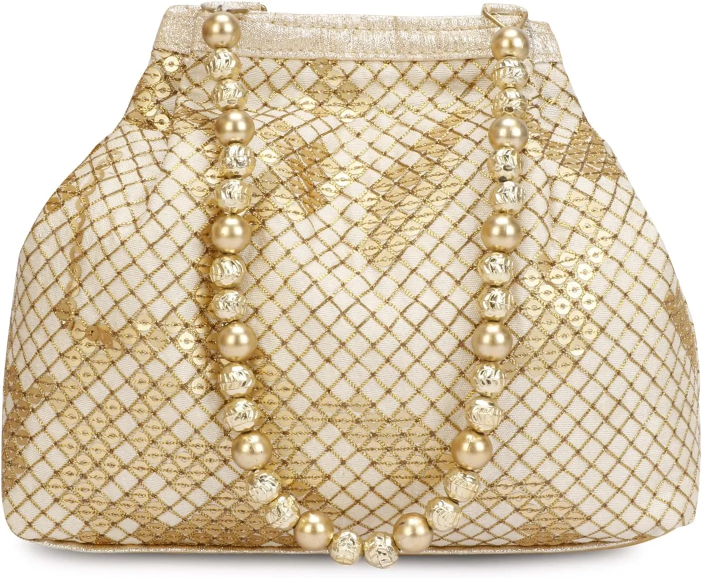 Indian Ethnic Designer Embroidered Silk Potli Bag Batwa Pearls Handle Purse (Golden wd beads)
