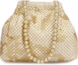 Indian Ethnic Designer Embroidered Silk Potli Bag Batwa Pearls Handle Purse (Golden wd beads)
