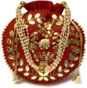 Indian Ethnic Gota patti Potli bag Ladies Handbag Purse for Bridal Party wedding and Gifting (H*L:9 * 9.5(Inch),(23x24(CM) (Maroon)