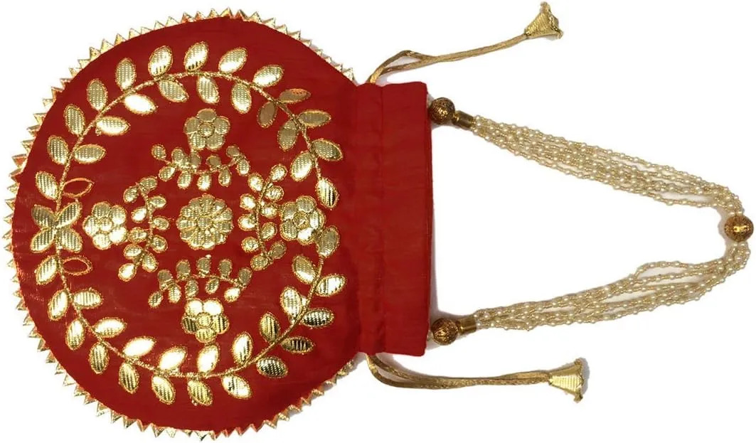Indian Ethnic Gota patti Potli bag Ladies Handbag Purse for Bridal Party wedding and Gifting (H*L:9 * 9.5(Inch),(23x24(CM) (Maroon)