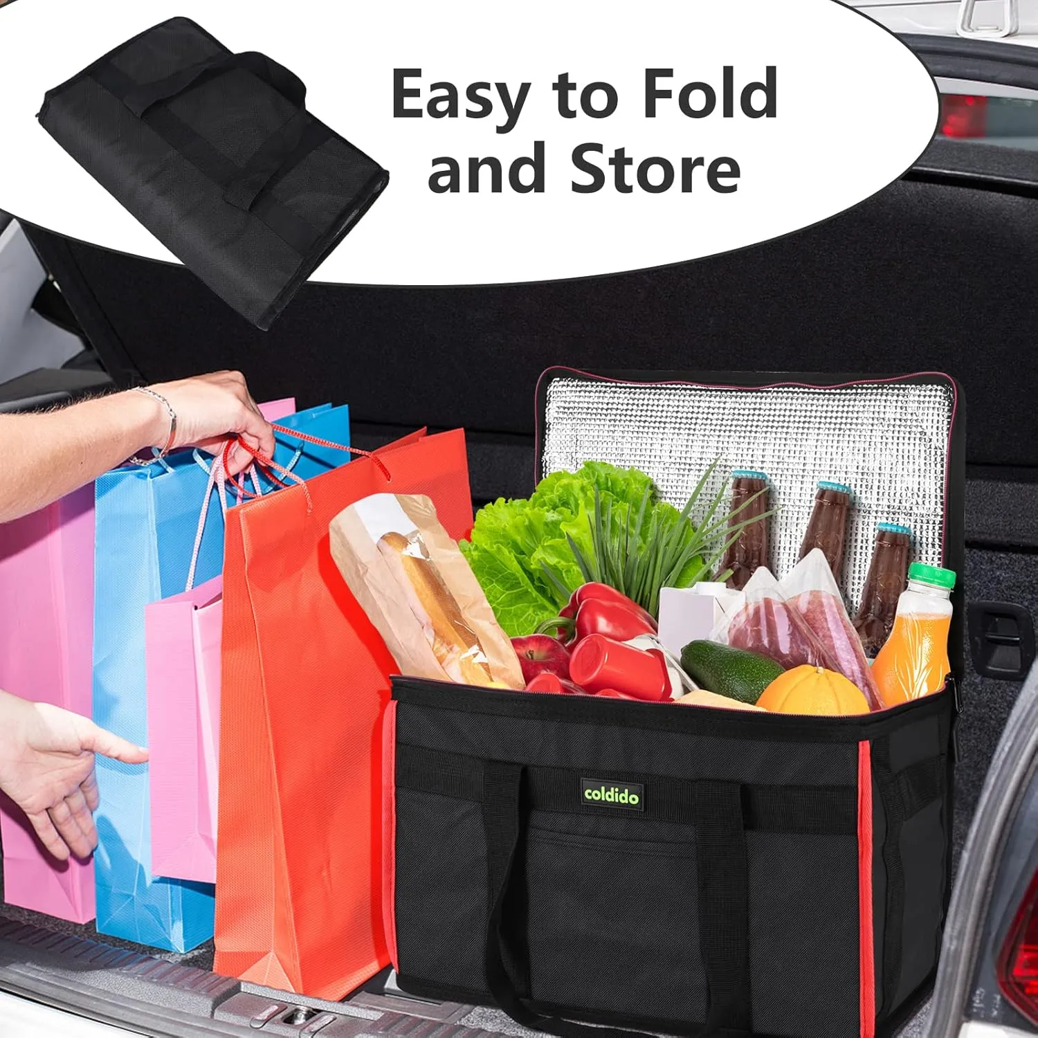 Insulated Reusable Grocery Bags (1-Pack), Cooler Bags insulated with Hard Bottom Insert Stands Upright, Sturdy Zipper Food Delivery Bag for Warm or Cold,XXL