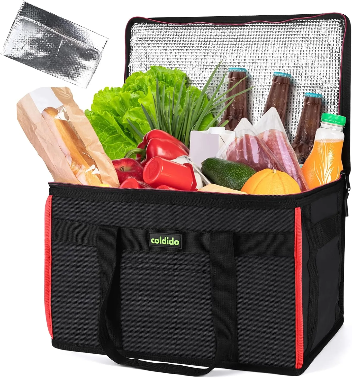 Insulated Reusable Grocery Bags (1-Pack), Cooler Bags insulated with Hard Bottom Insert Stands Upright, Sturdy Zipper Food Delivery Bag for Warm or Cold,XXL