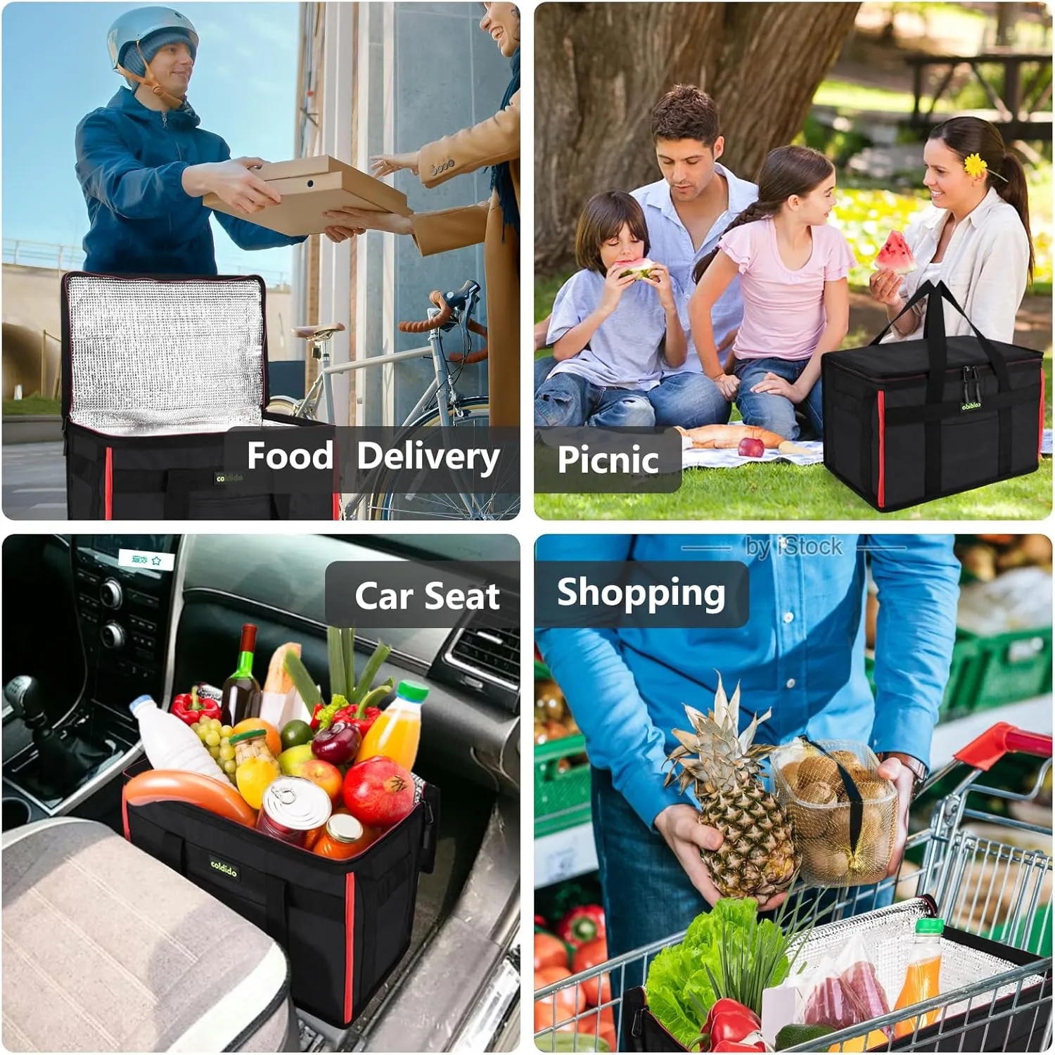 Insulated Reusable Grocery Bags (1-Pack), Cooler Bags insulated with Hard Bottom Insert Stands Upright, Sturdy Zipper Food Delivery Bag for Warm or Cold,XXL