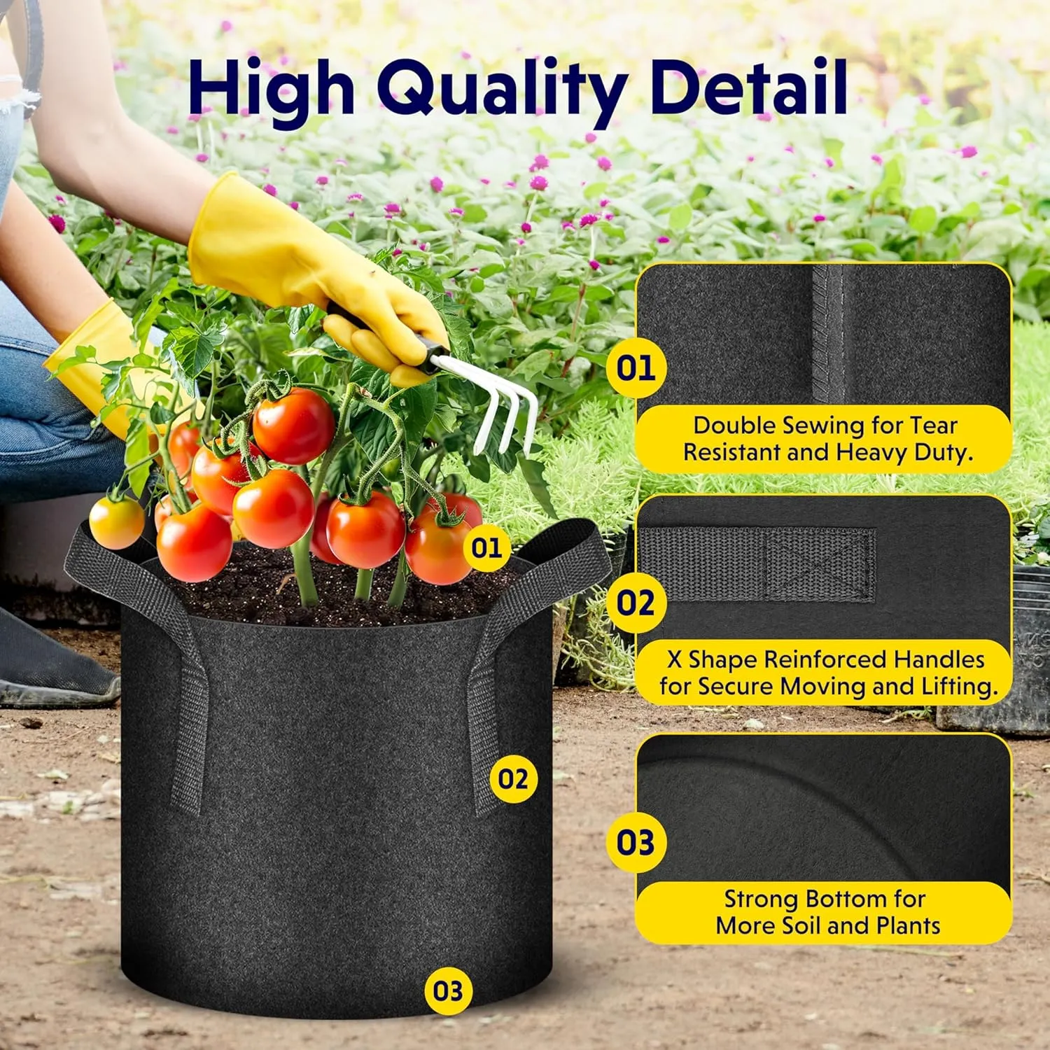 iPower 10 Pack 20 Gallon Grow Bags with Labels, 300G Thickened Nonwoven Plant Fabric Pots with Handles, Aeration Garden Grow Pots for Tomato Potato Vegetables, Fruits, Flowers, Black