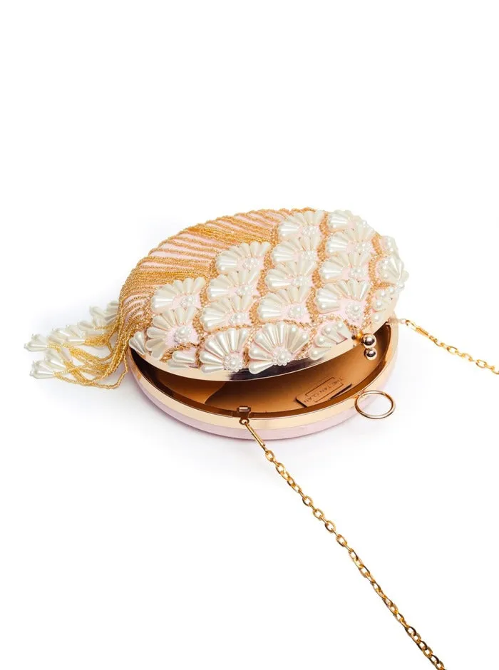 Irsa Round Hand Embroidered Clutch with Tassles
