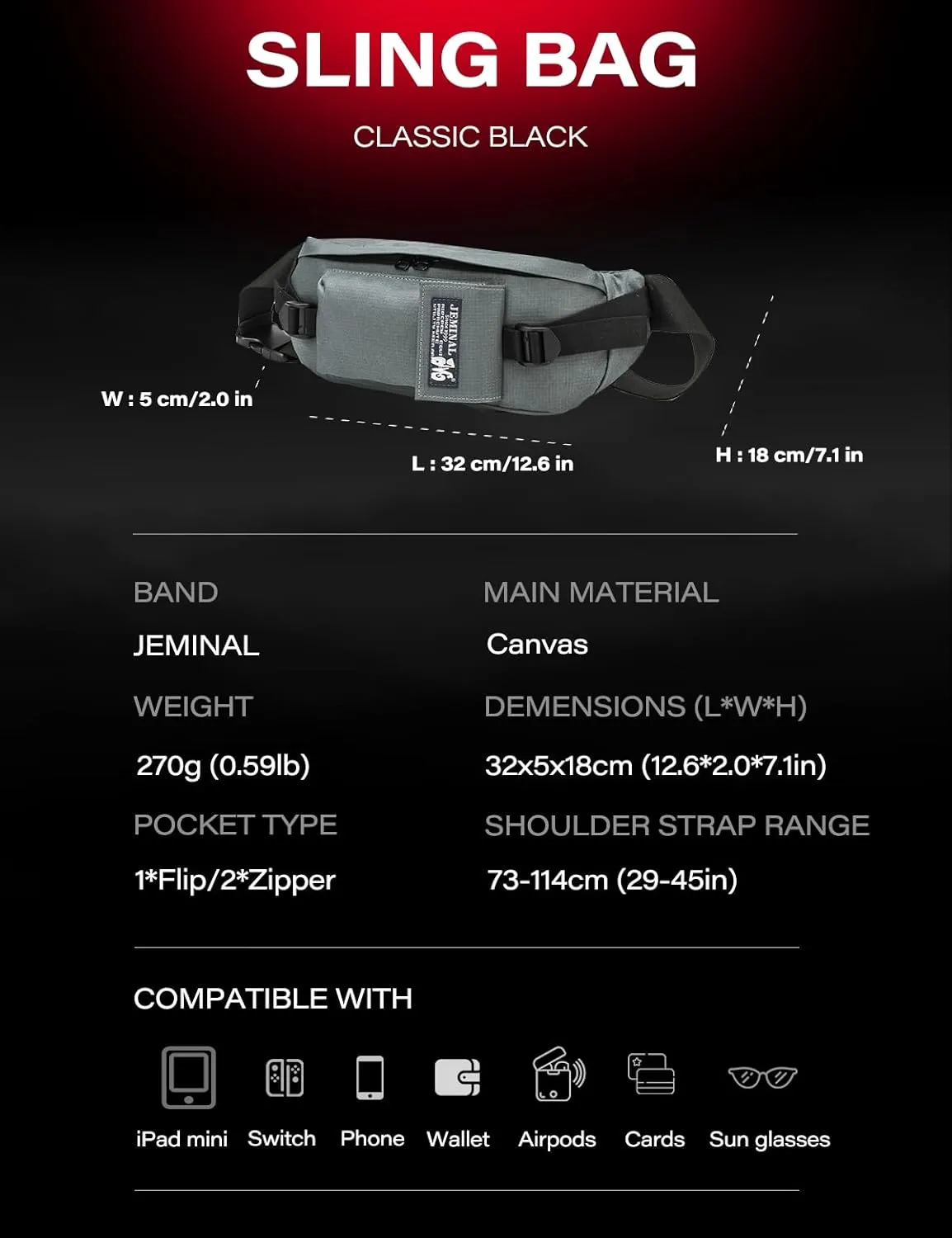 JEMINAL Sling Bag: Diamond-Grid Pattern 4L Light Spacious Crossbody Shoulder Everyday Carry Bag with Quick-adjust Strap - Double Layered Fabric Funny Pack for Men, Women, Travel, Sport (Dark Gray)