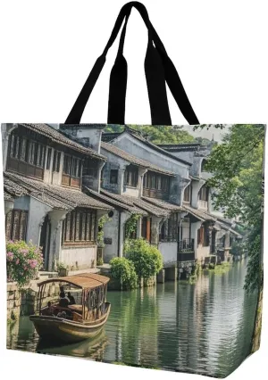 Jiangnan Water Towns Handbags Lightweight Travel Shoulder Bag Portable Cute Shopping Beach Market Bag for Men Women Hiking Yoga Gym Swimming Travel Holiday Gift