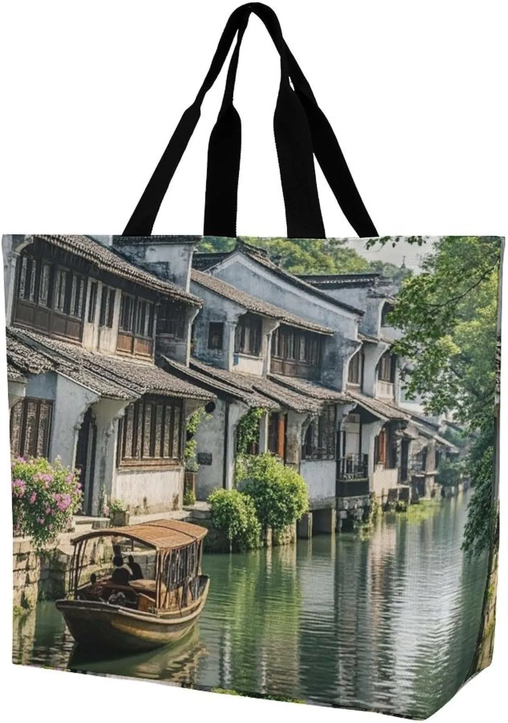 Jiangnan Water Towns Handbags Lightweight Travel Shoulder Bag Portable Cute Shopping Beach Market Bag for Men Women Hiking Yoga Gym Swimming Travel Holiday Gift