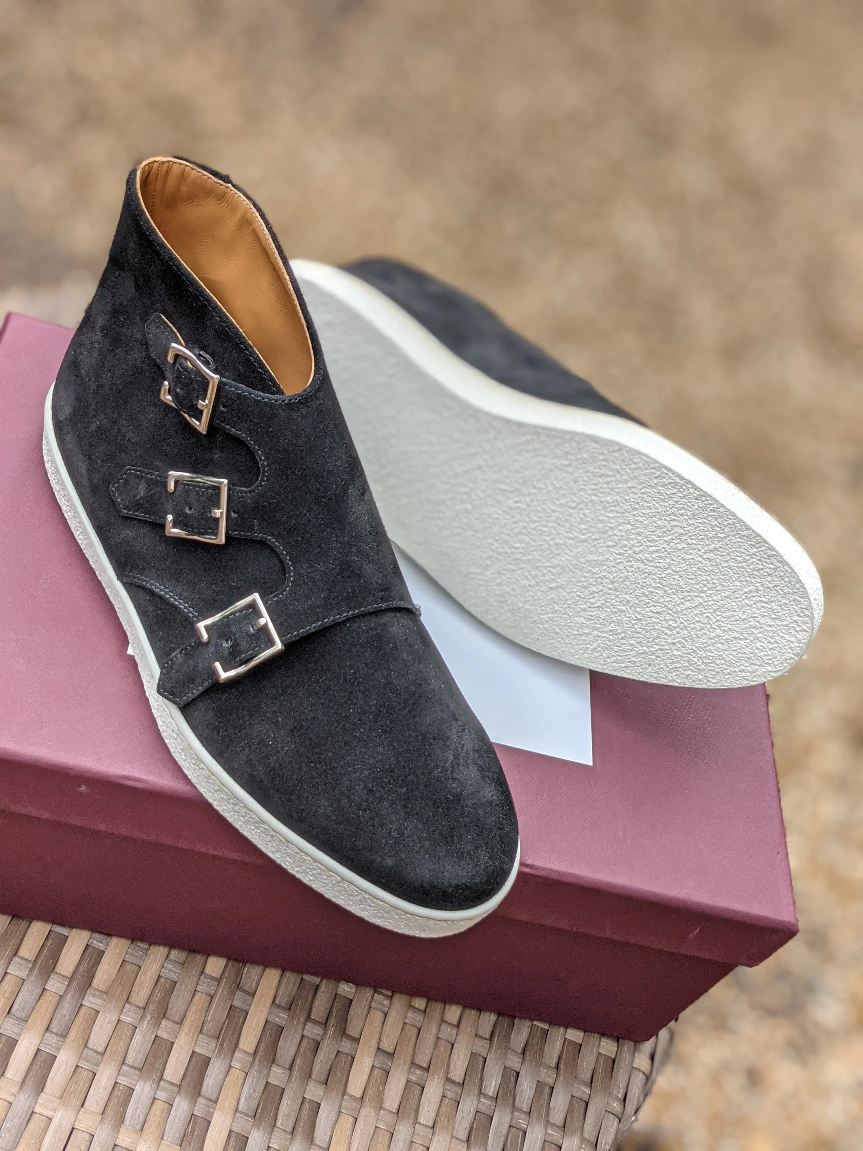 John Lobb - Howell Triple Monks - Black Suede and white sole - UK6.5 - E fitting