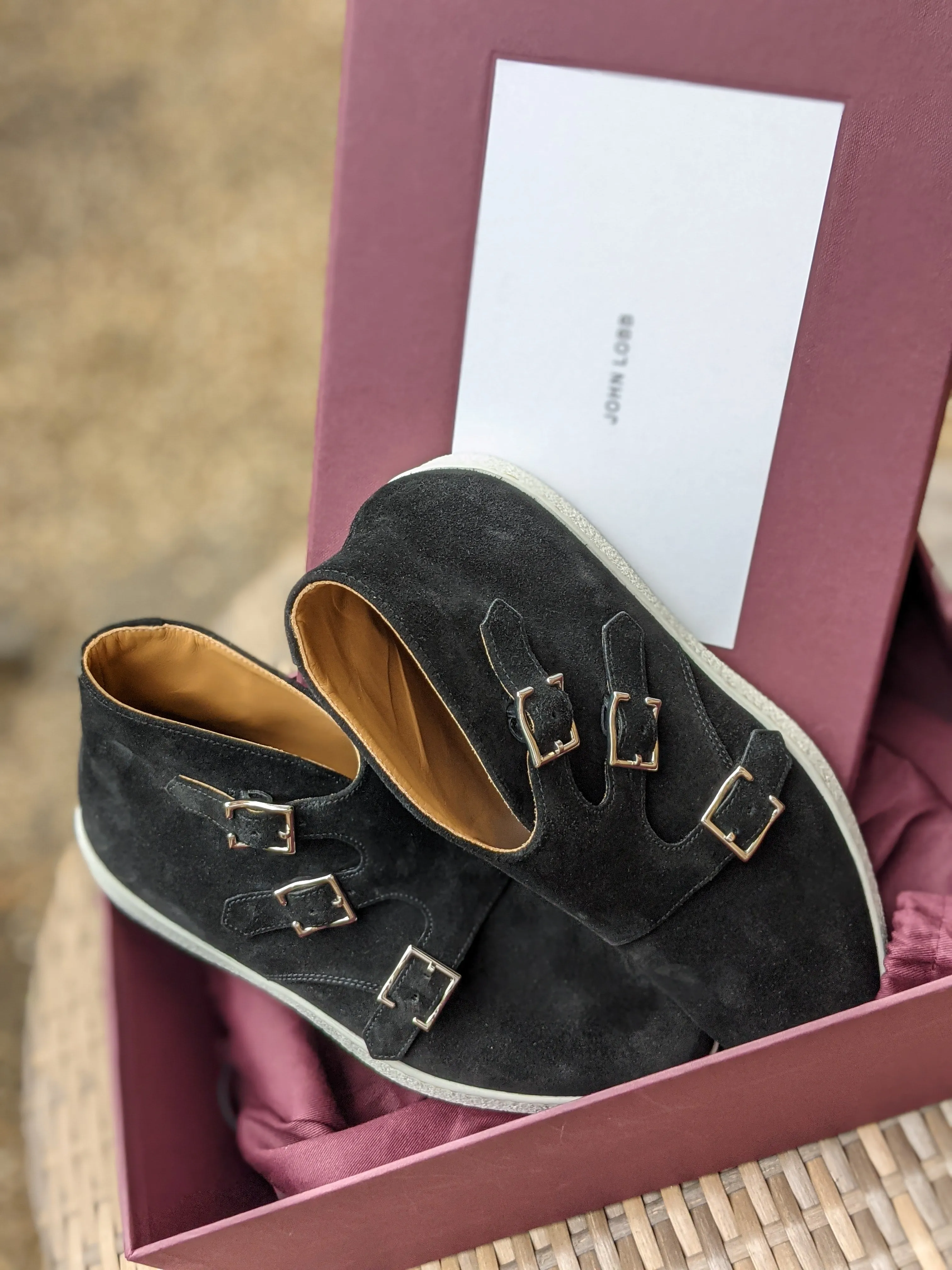 John Lobb - Howell Triple Monks - Black Suede and white sole - UK6.5 - E fitting