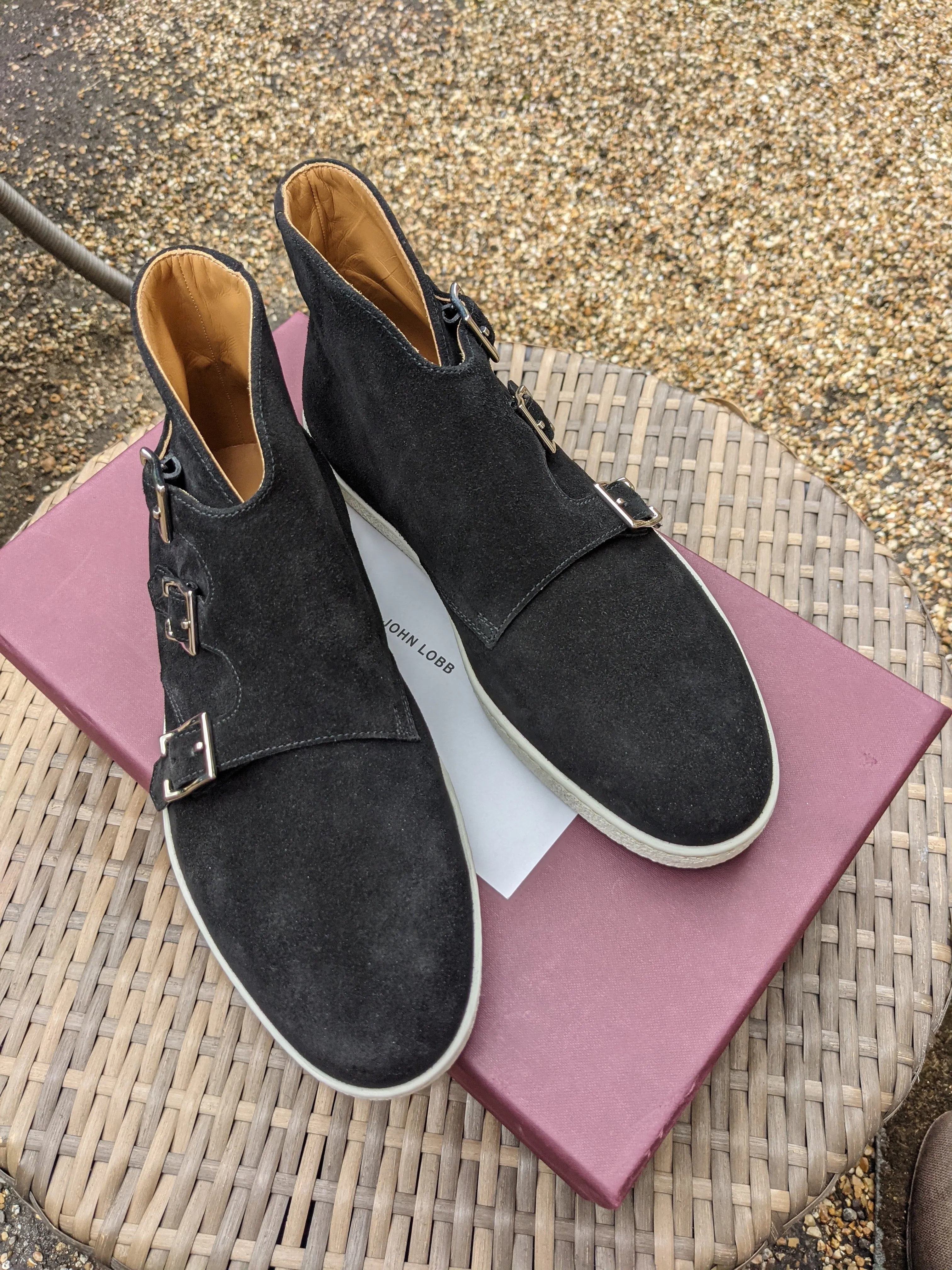John Lobb - Howell Triple Monks - Black Suede and white sole - UK6.5 - E fitting