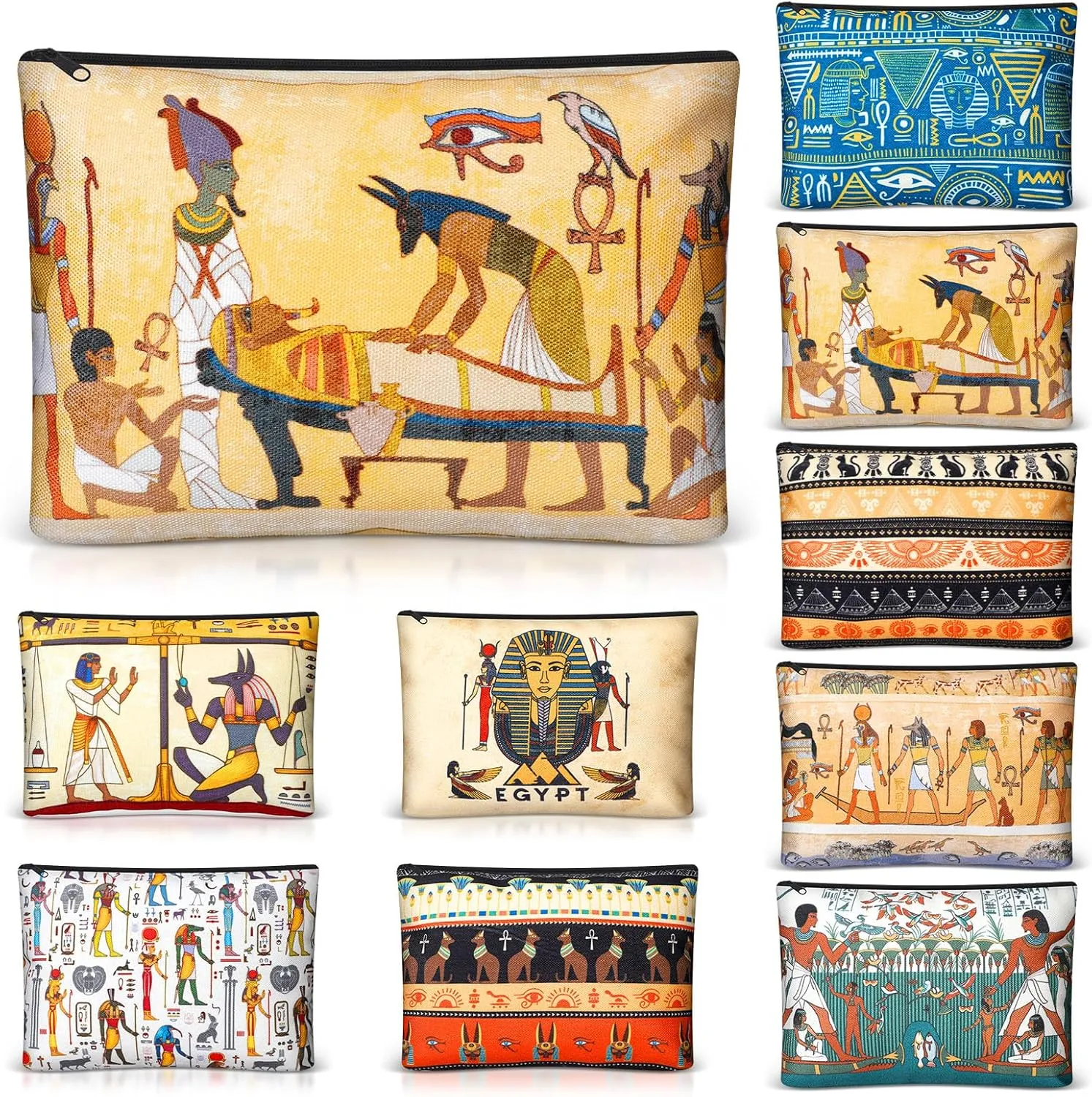 Kacctyen 9 Pcs Egyptian Makeup Bags Egyptian Gifts Cosmetic Pouch Ancient Egypt Canvas Purse Mythology Pharaoh Hieroglyphs Travel Toiletry Bag Gift for Egypt Lover