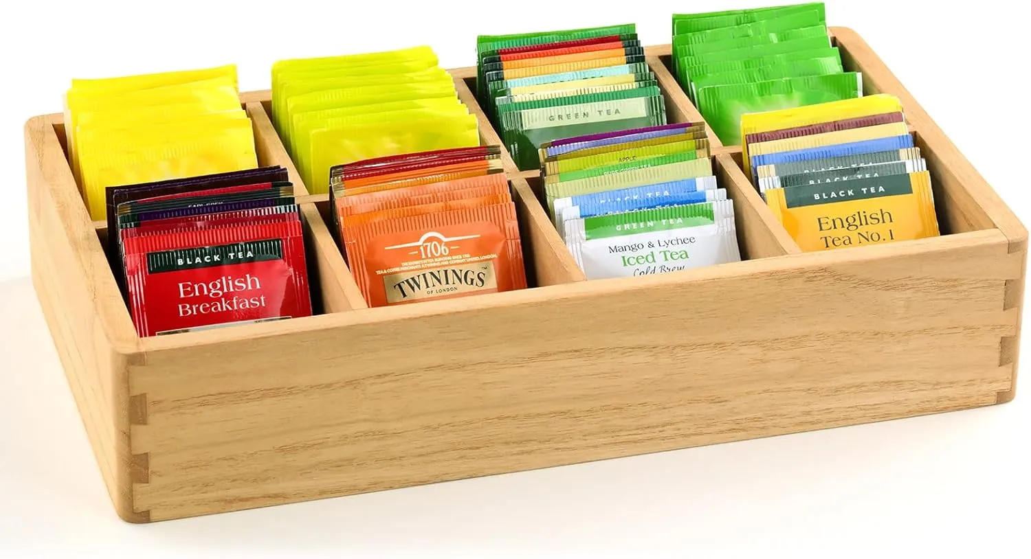 KIRIGEN Wood Tea Bag Organizer Storage with 8 Compartments Wooden Tea Bag Holder Storage Box CYH8G-NA