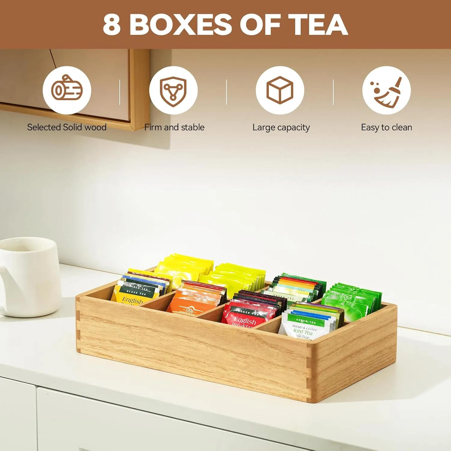 KIRIGEN Wood Tea Bag Organizer Storage with 8 Compartments Wooden Tea Bag Holder Storage Box CYH8G-NA