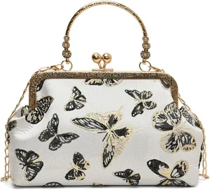 Kiss Lock Purse and Handbag for Women Floral Embroidered Crossbody Bag Kiss Clasp Handbags Medium Tote Shoulder Bags