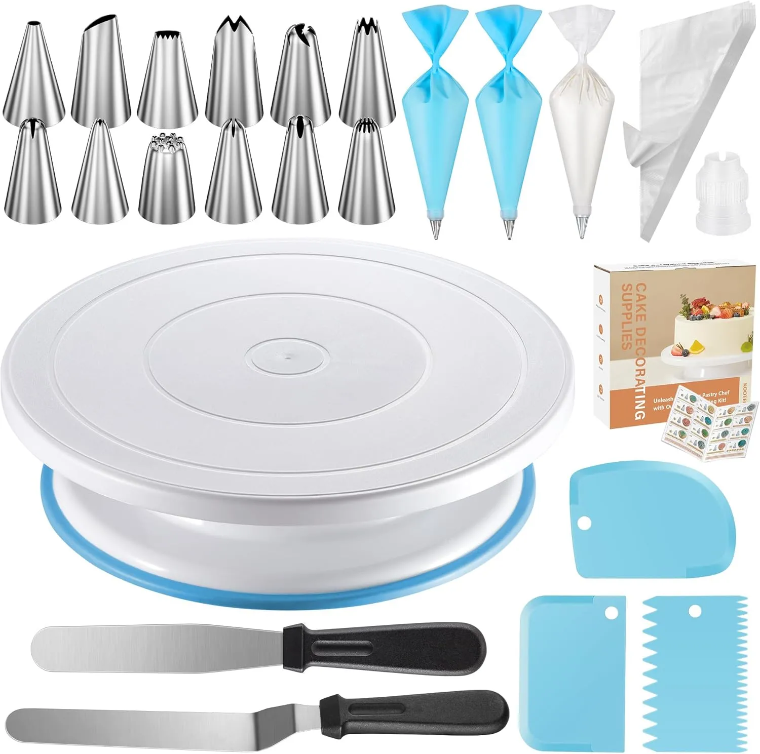 Kootek 71PCs Cake Decorating Supplies Kit with Revolving Cake Stand Turntable, 12 Numbered Icing Piping Tips, 2 Spatulas, 3 Icing Comb Scraper, 50 2 Piping Bags, and 1 Coupler for Baking