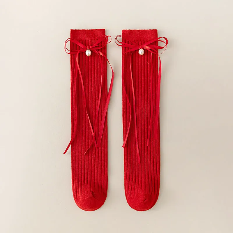 Korean style strappy bow stockings sweet princess girls solid color Lolita socks