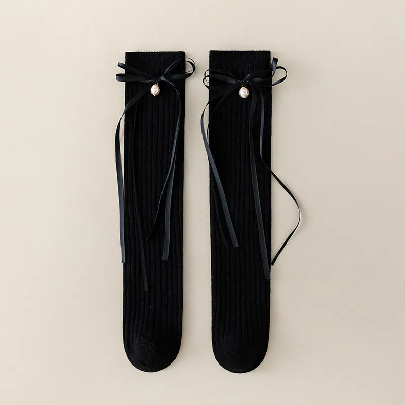 Korean style strappy bow stockings sweet princess girls solid color Lolita socks