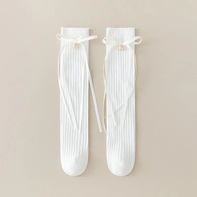 Korean style strappy bow stockings sweet princess girls solid color Lolita socks