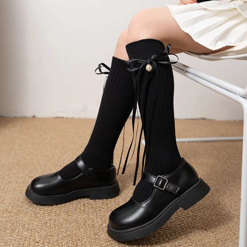 Korean style strappy bow stockings sweet princess girls solid color Lolita socks