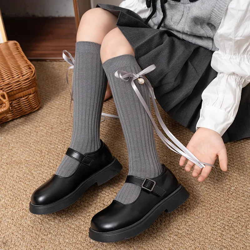 Korean style strappy bow stockings sweet princess girls solid color Lolita socks