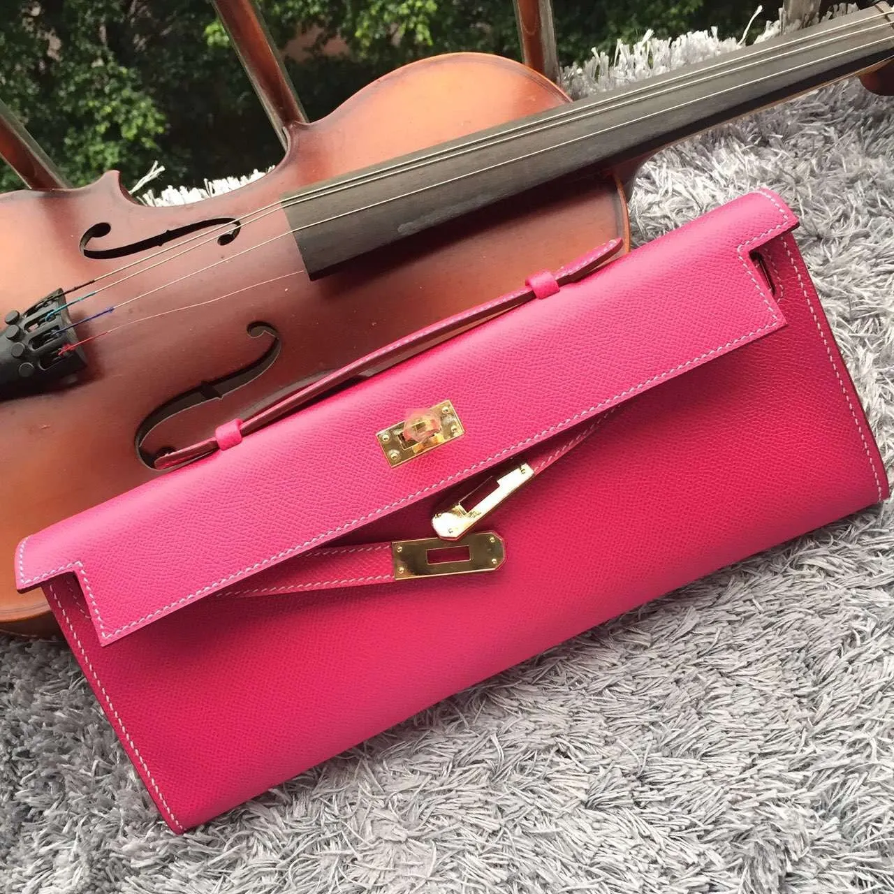 Large-scale promotion Hermes Cut Kelly Clutch Handcrafted Rose Free shipping Red