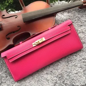 Large-scale promotion Hermes Cut Kelly Clutch Handcrafted Rose Free shipping Red