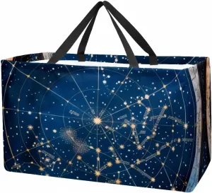 Large Utility Tote Bag Astrology Wheel with Zodiac Signs Constellation Map Reusable Foldable Grocery Bag Heavy Duty with Sturdy Handles