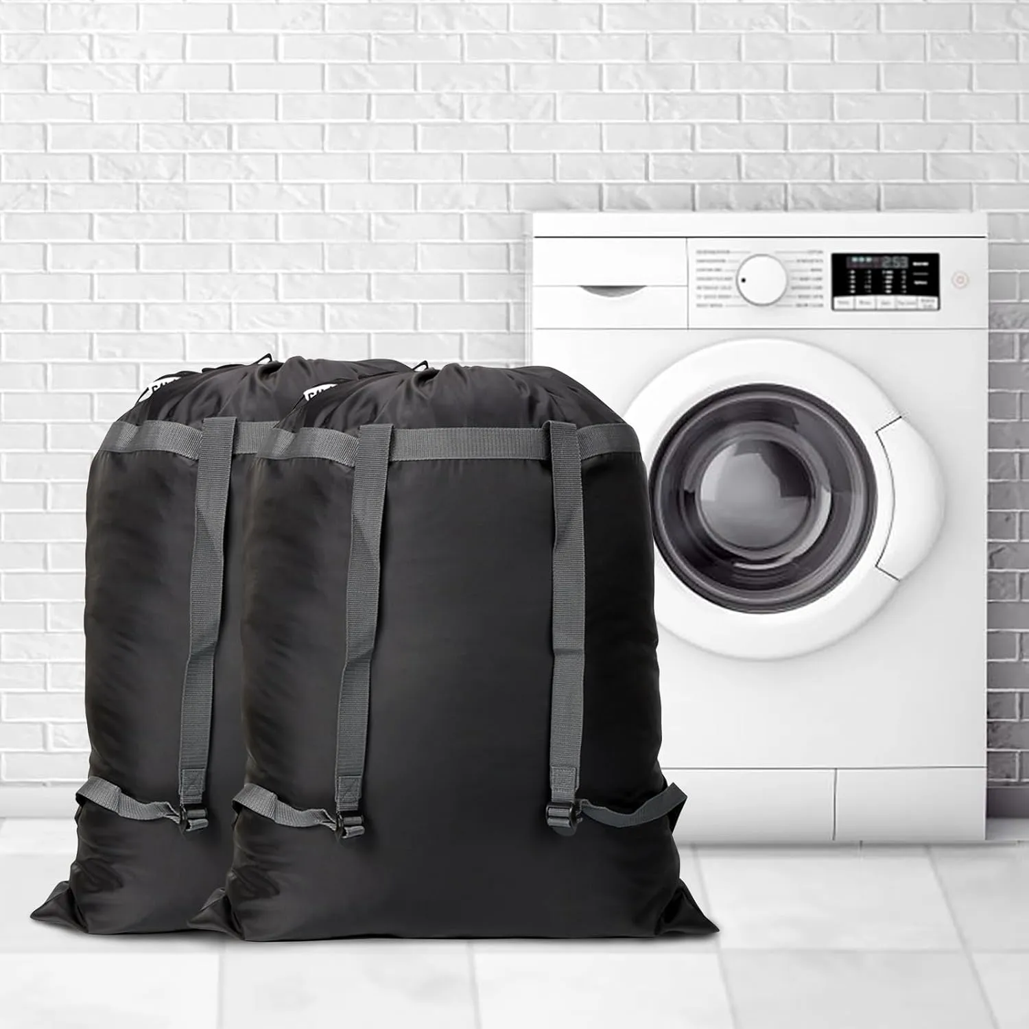 Laundry Bag Backpack, 27” x 34”Sturdy Laundry Bag with Shoulder Straps Drawstring Closure Heavy Duty Foldable Backpack for College, Travel, Laundromat, Apartment (Black | 2 Pack)