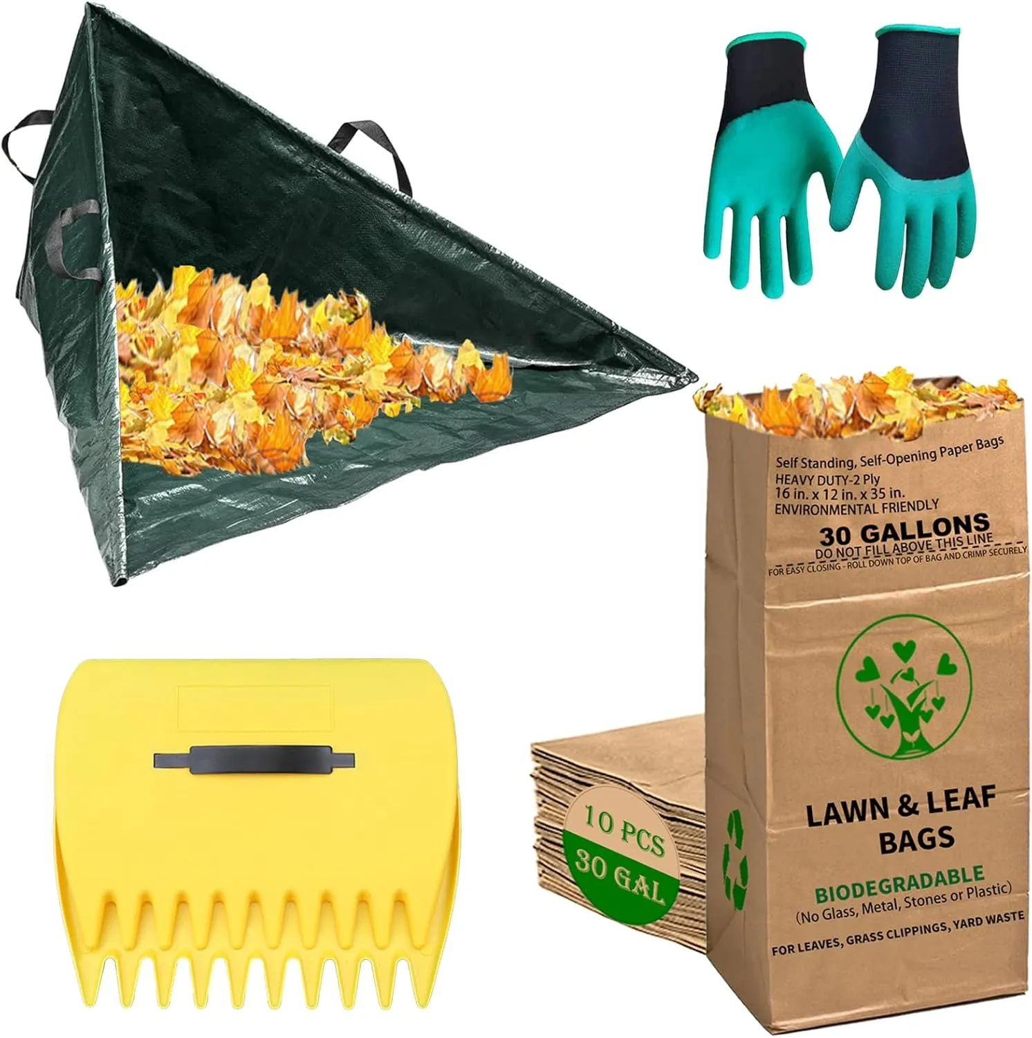 Leaf Collector Tripod Bag and Lawn Leaf bag Kit with leaf scoops | 10 Count 30 Gallon 2-Ply Heavy Duty Self Standing Kraft Paper Bags Yard Waste Bag for Grass Clippings Wet Dry Leaves