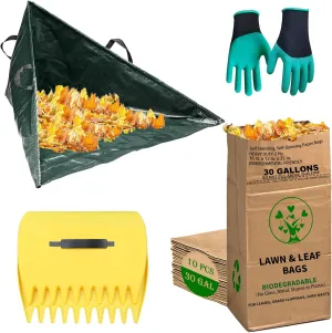 Leaf Collector Tripod Bag and Lawn Leaf bag Kit with leaf scoops | 10 Count 30 Gallon 2-Ply Heavy Duty Self Standing Kraft Paper Bags Yard Waste Bag for Grass Clippings Wet Dry Leaves