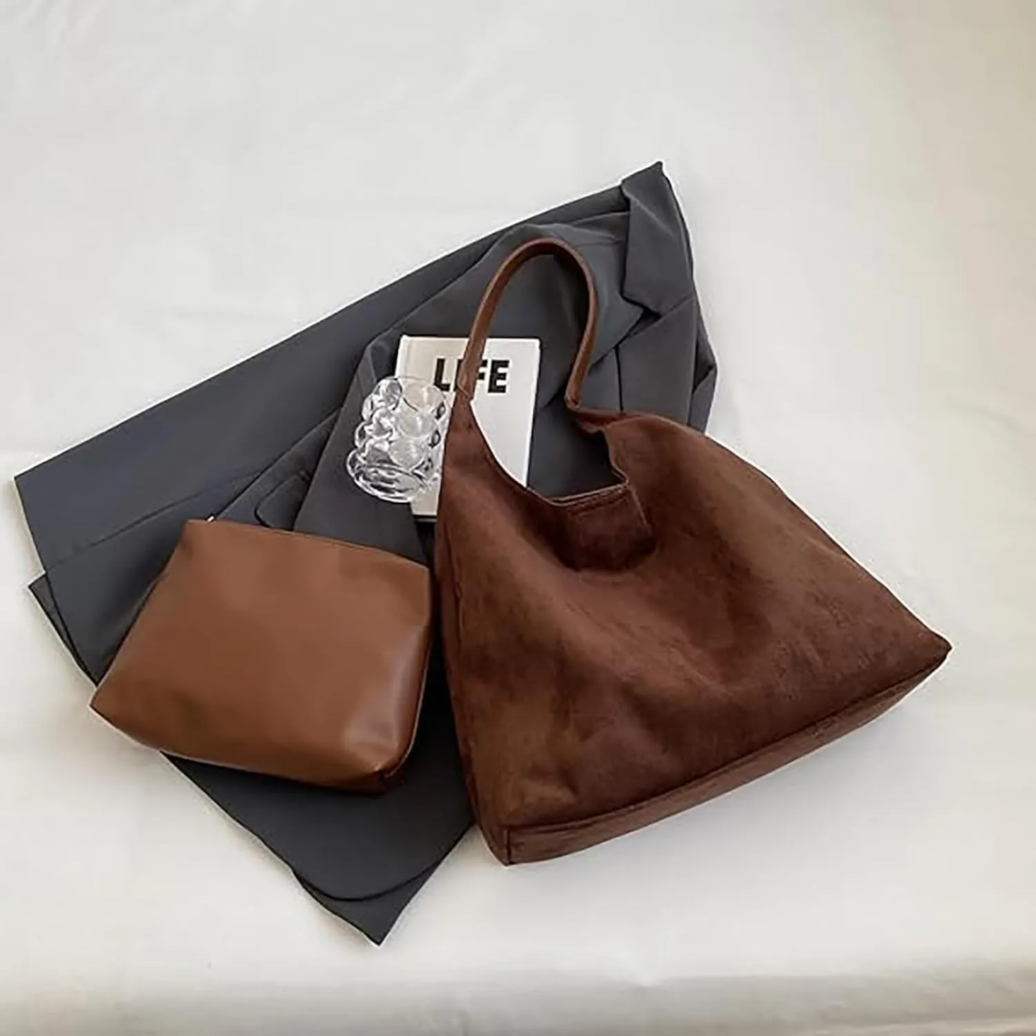 Leather Hobo Bags for Women, Suede Purse Slouchy Tote Bag, Brown Leather Purse, Beige