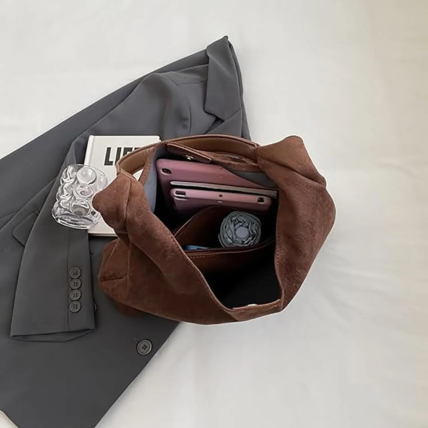 Leather Hobo Bags for Women, Suede Purse Slouchy Tote Bag, Brown Leather Purse, Beige