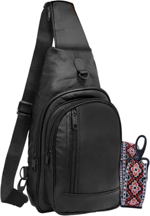 Leather Sling Bag for Women With Additional Strap - Travel Hiking Shoulder Black Sling Purse Leather Crossbody Sling Bags for Women - Bandolera Para Mujer