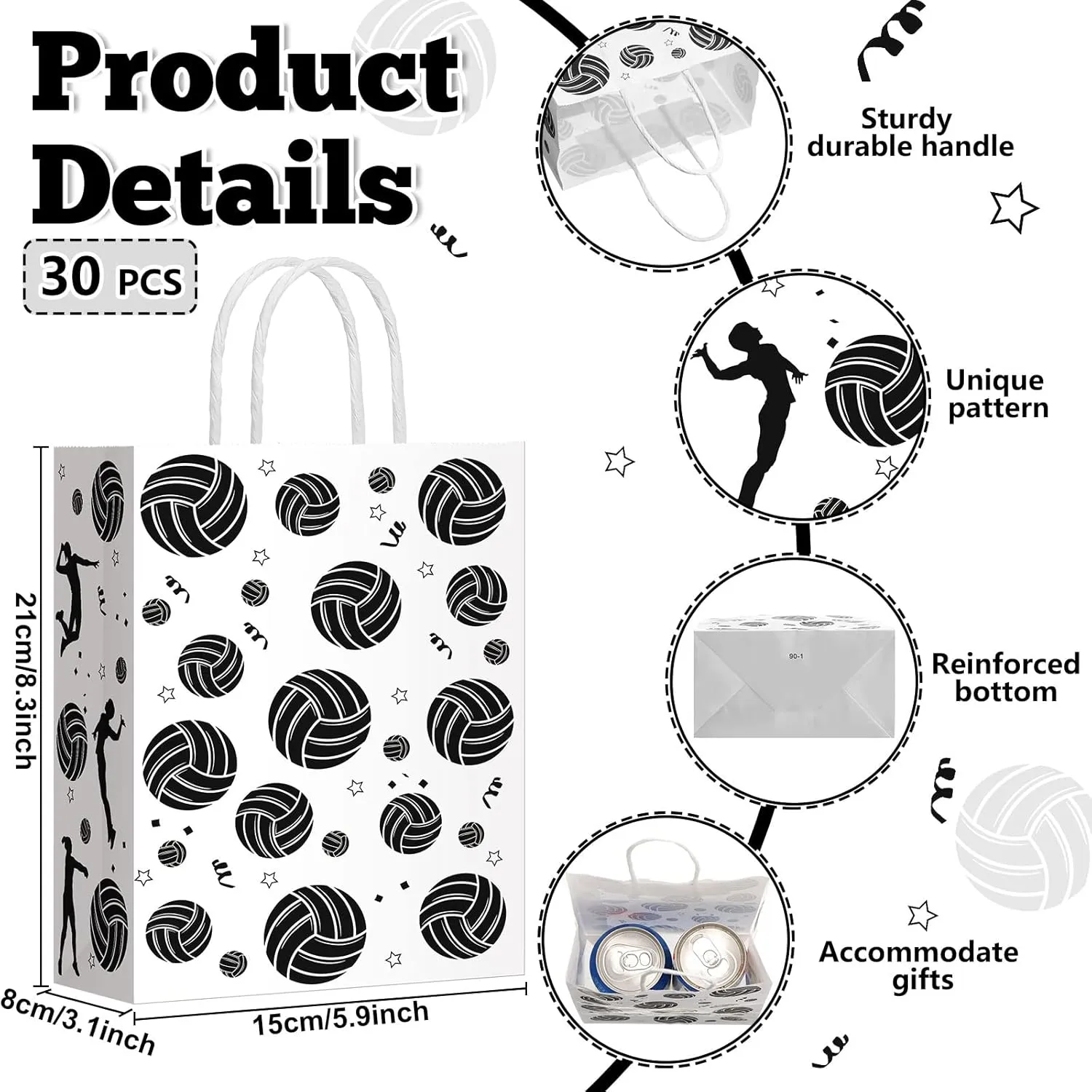 Leinuosen 30 Pcs Volleyball Gift Goodie Bags Volleyball Party Favor Treat Bags for Snacks and Candy with Handle for Ball Theme Adults Birthday Shower Favors, 8.3 x 5.9 x 3.1 Inch