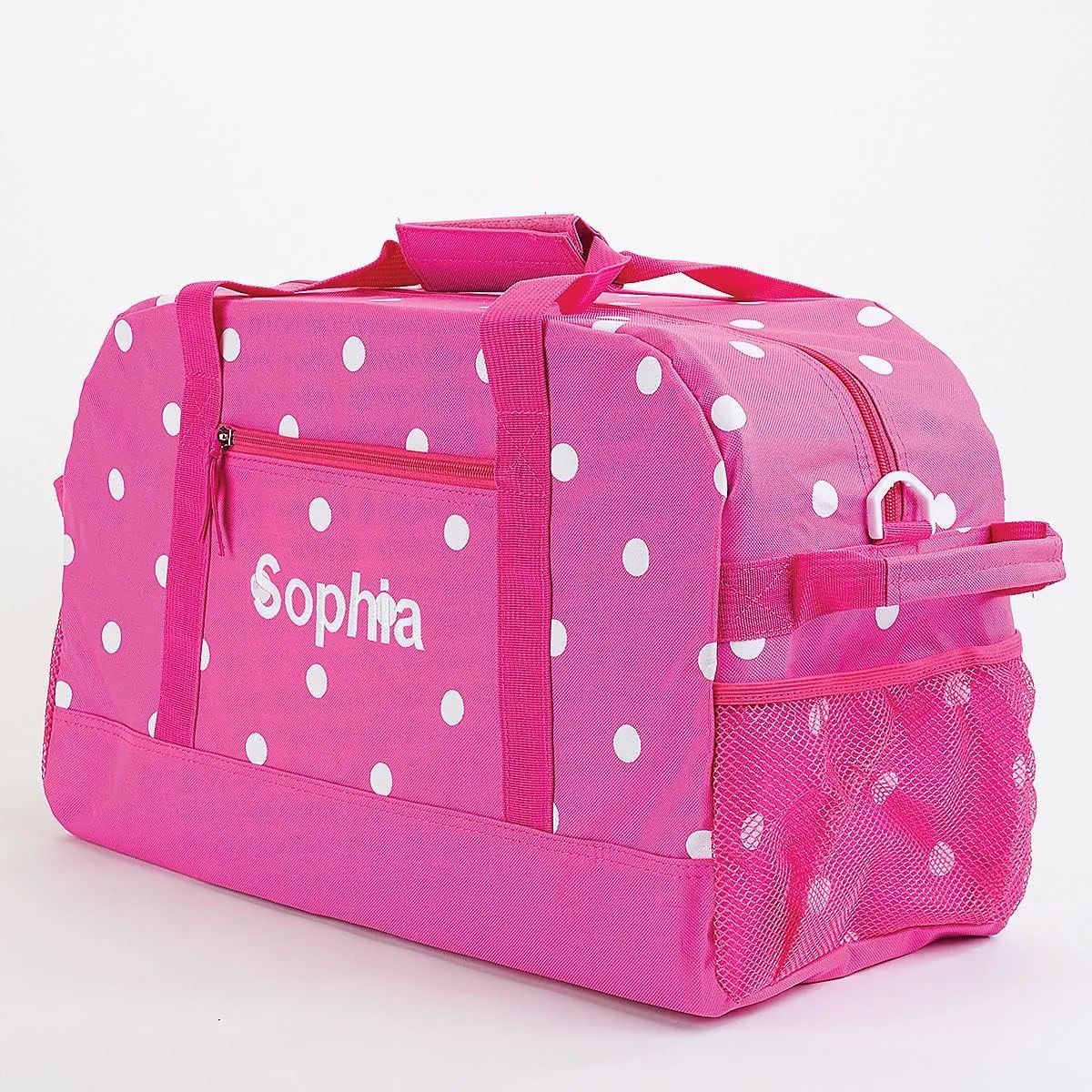 Lillian Vernon Personalized Duffel Bag for Kids, Roomy Pink & White Dots Weekender With Front & Side Compartment, Customizable Girls Sports & Travel Bags With Custom Name, 9" x 10.5" x 19"