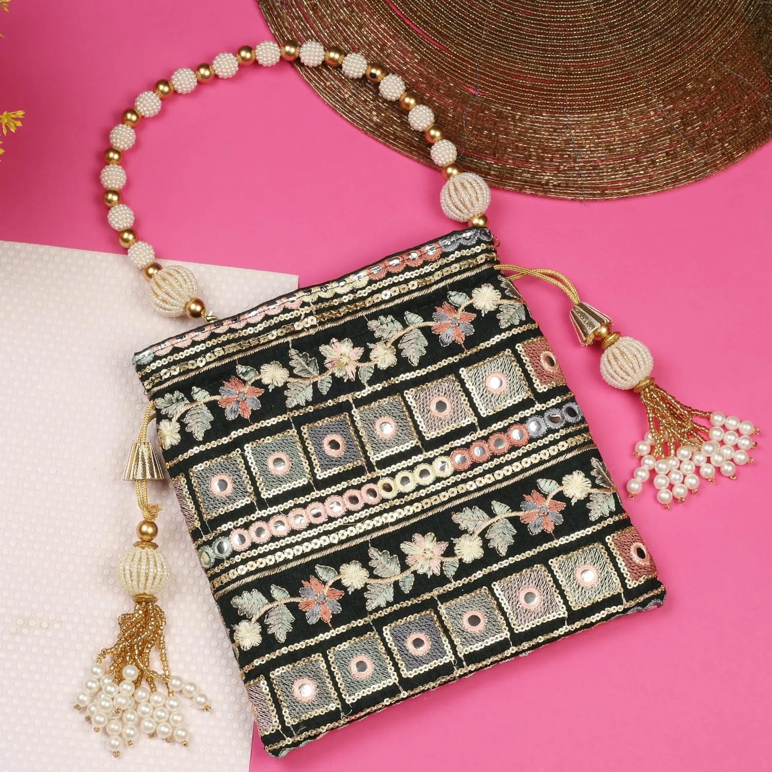 LONGING TO BUY Indian Embroidered Pearl Potli Bag For Women, Sequence Design with Tassel, Wedding Potli Bags