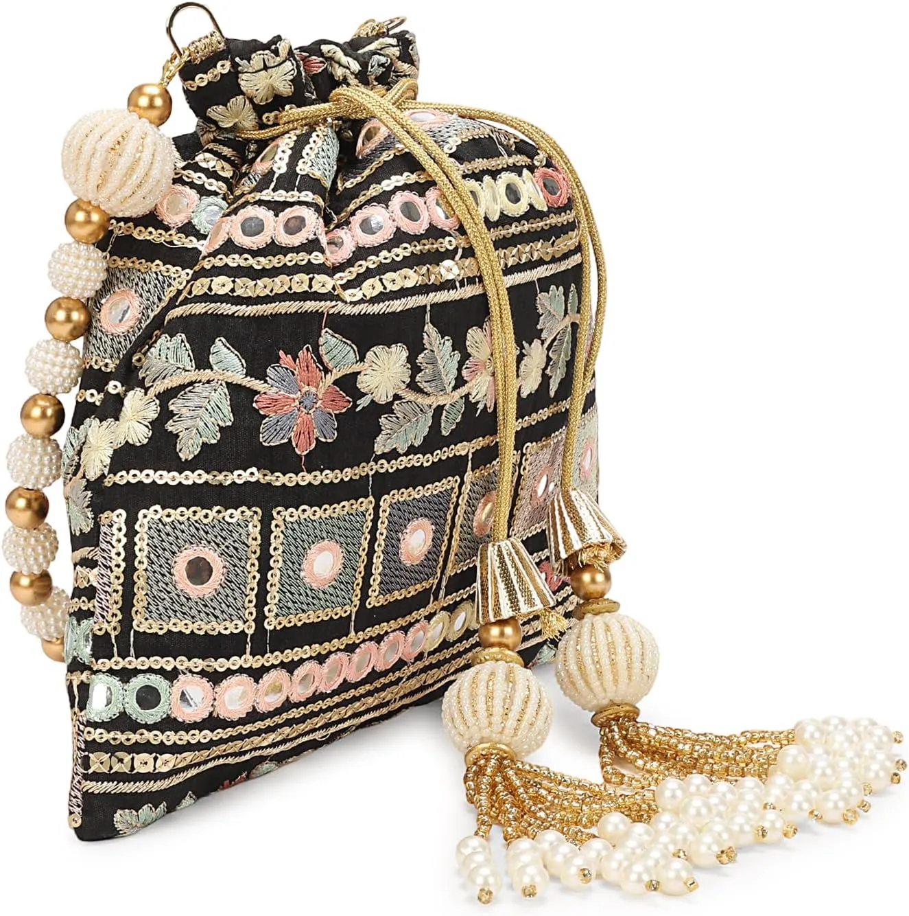 LONGING TO BUY Indian Embroidered Pearl Potli Bag For Women, Sequence Design with Tassel, Wedding Potli Bags
