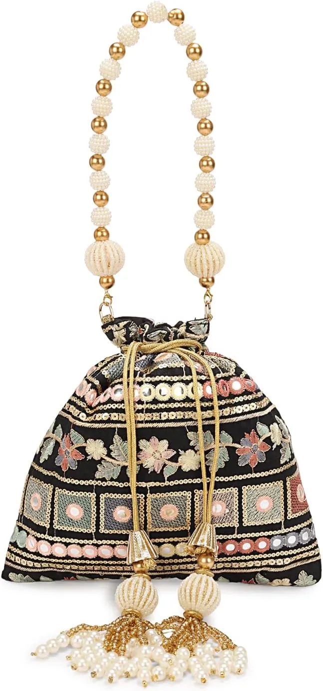 LONGING TO BUY Indian Embroidered Pearl Potli Bag For Women, Sequence Design with Tassel, Wedding Potli Bags