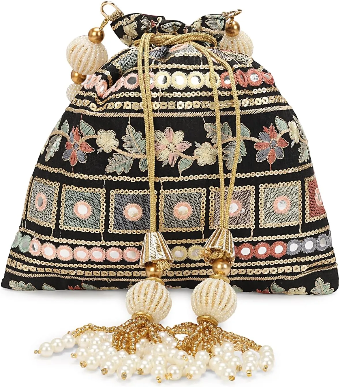 LONGING TO BUY Indian Embroidered Pearl Potli Bag For Women, Sequence Design with Tassel, Wedding Potli Bags