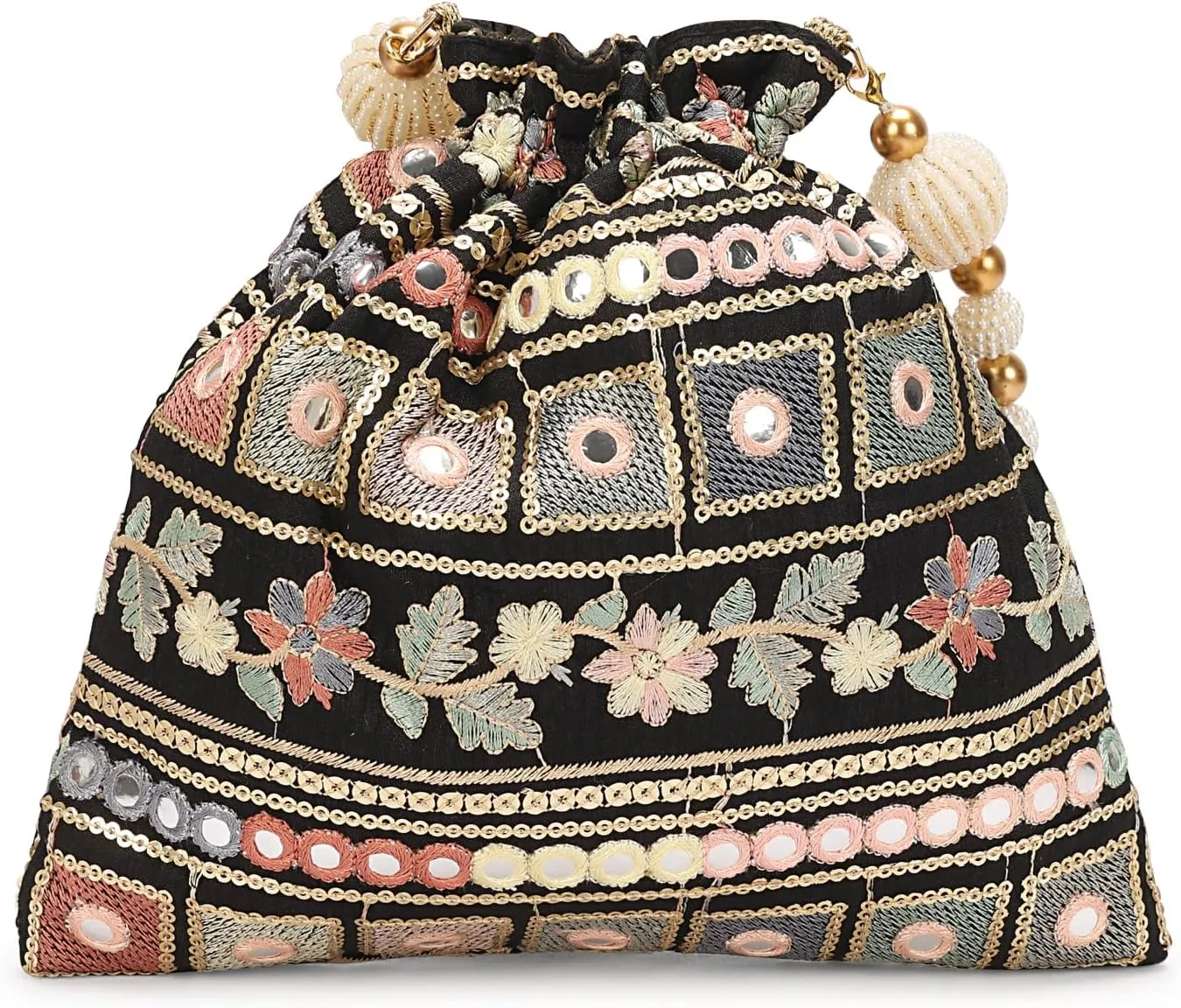 LONGING TO BUY Indian Embroidered Pearl Potli Bag For Women, Sequence Design with Tassel, Wedding Potli Bags