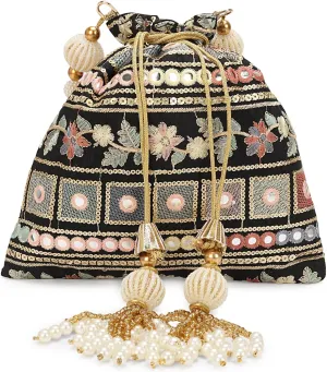 LONGING TO BUY Indian Embroidered Pearl Potli Bag For Women, Sequence Design with Tassel, Wedding Potli Bags