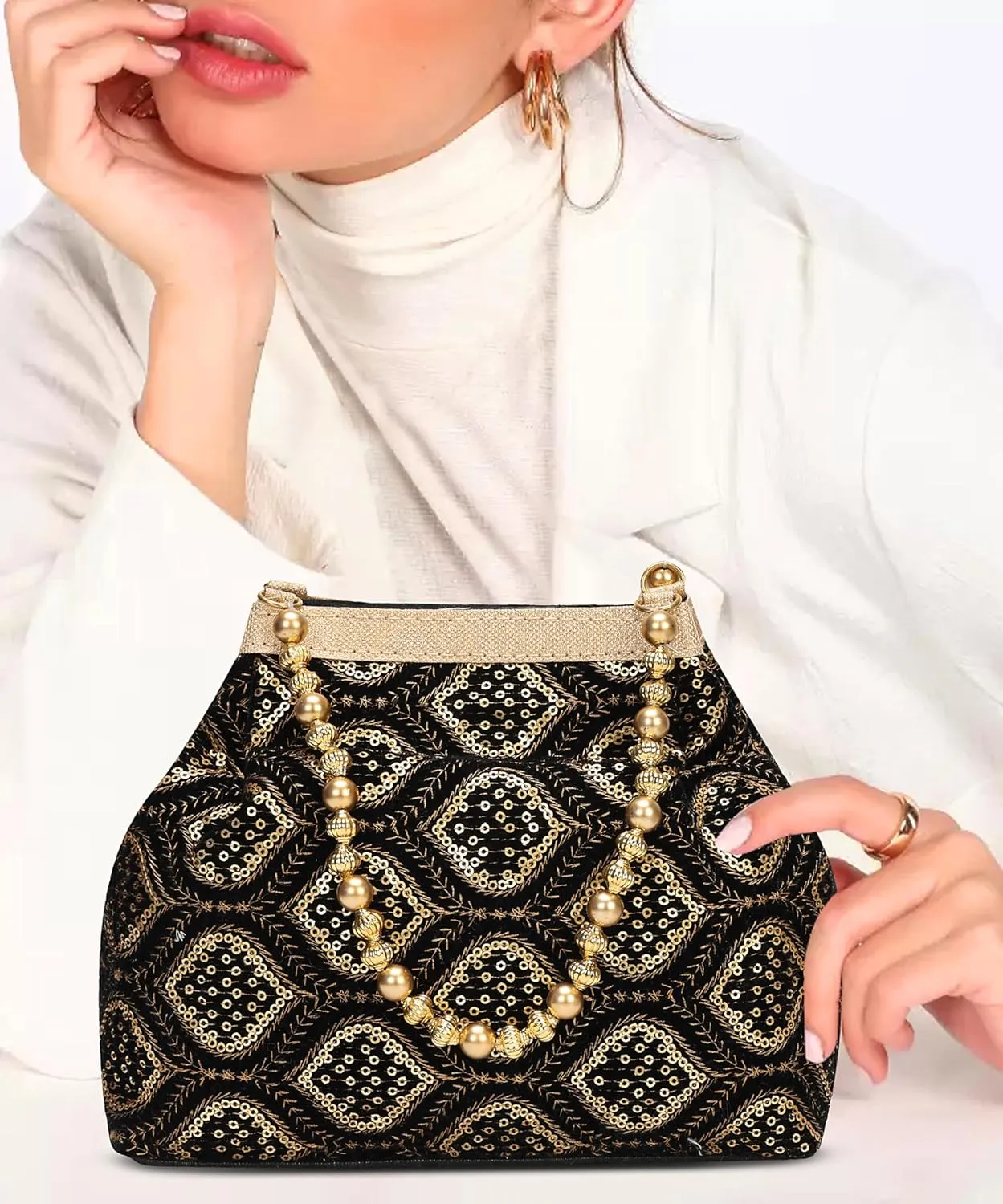 LONGING TO BUY Indian Ethnic Designer Embroidered Silk Potli Bag Batwa Pearls Handle Purse