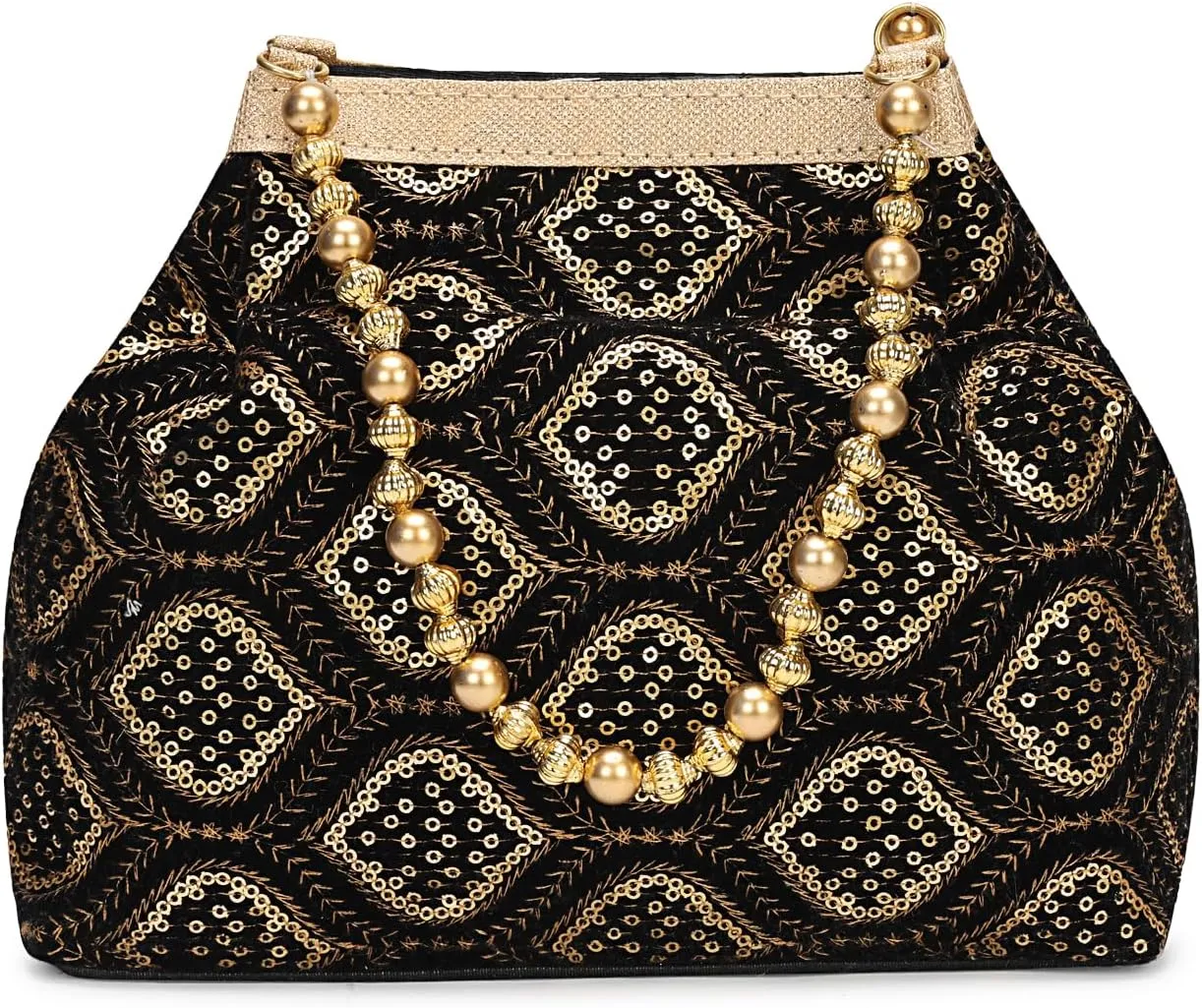 LONGING TO BUY Indian Ethnic Designer Embroidered Silk Potli Bag Batwa Pearls Handle Purse