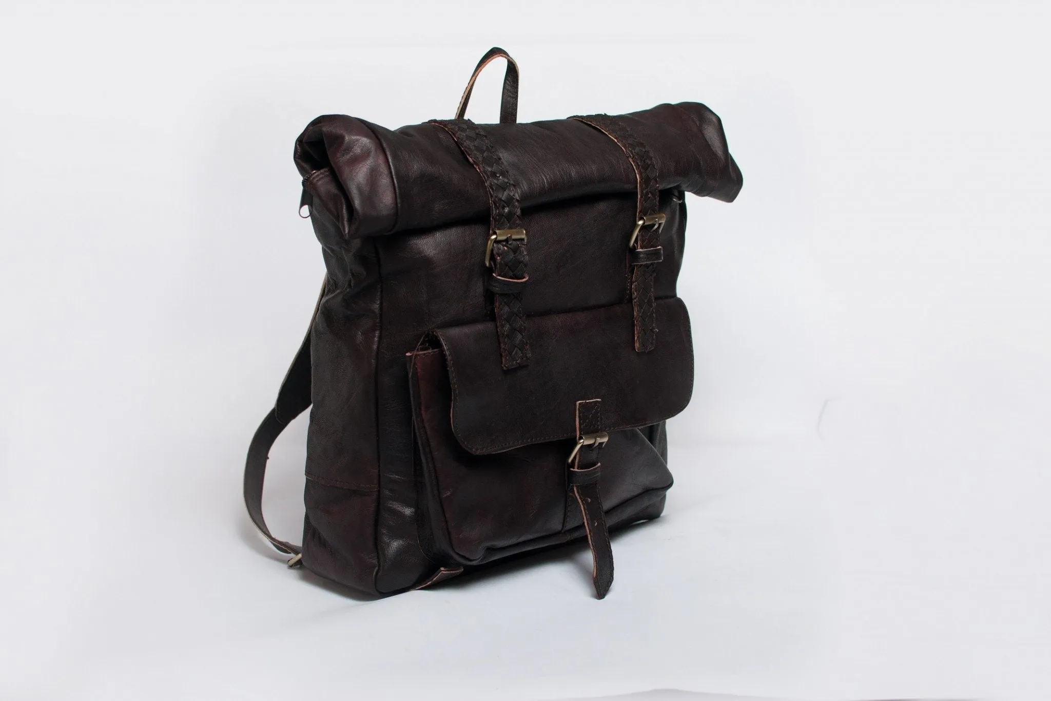 Luxury Leather Roll Top Backpack